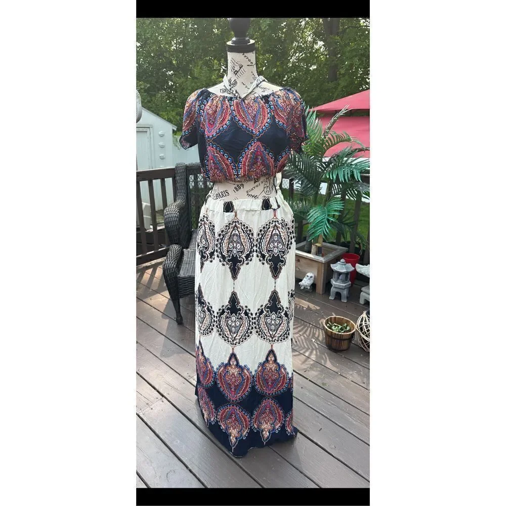 Summer two piece totem, print, Boho off the shoulder crop top and skirt see meas